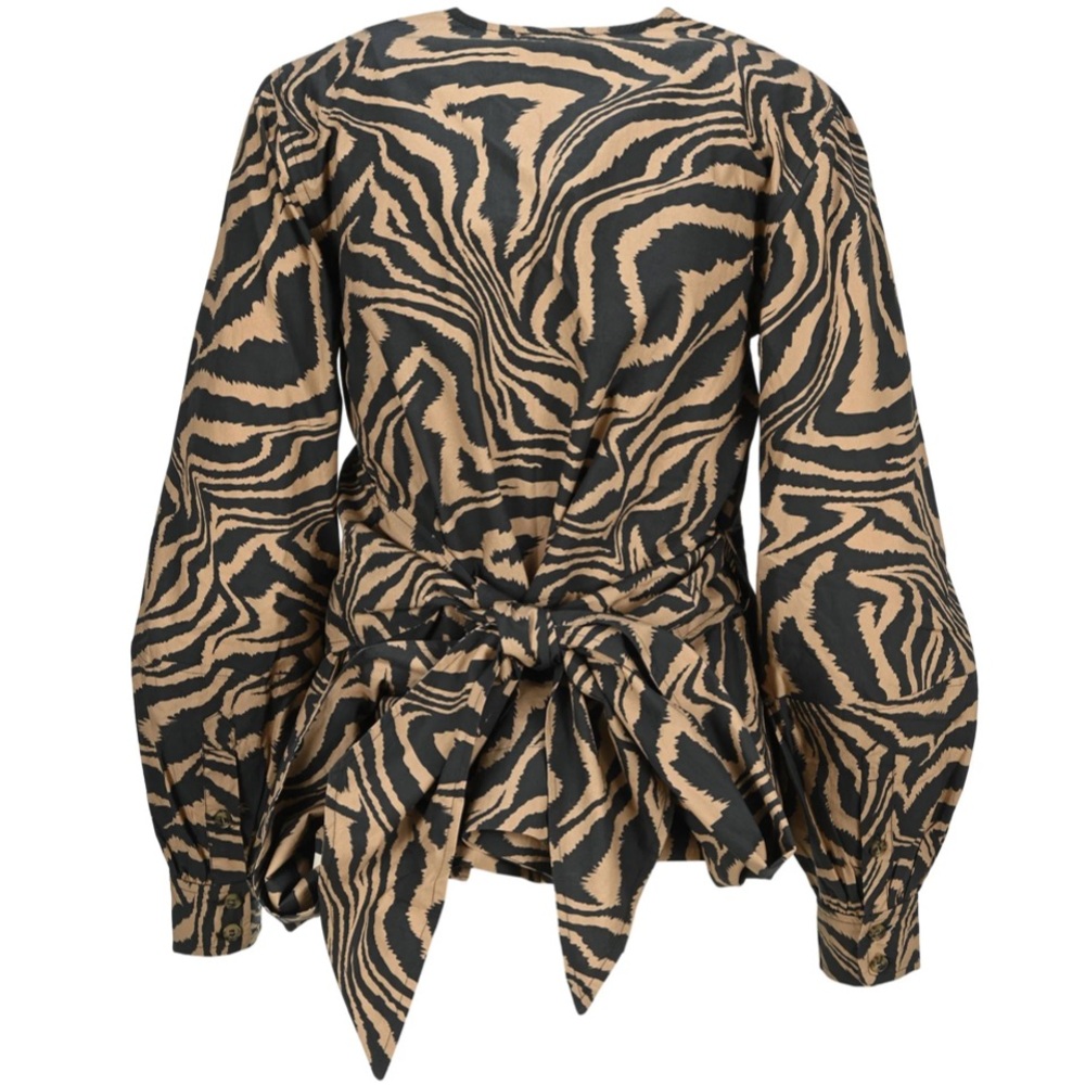 Ganni Zebra Print Poplin Wrap Top